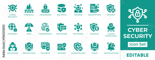 Cyber Security Icon Set. Features icons of data protection, firewalls, encryption, malware, secure access, and threats. Perfect for IT, tech, and digital security content.