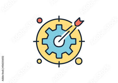 Gear with central circle and surrounding nodes in flat vector design representing optimization