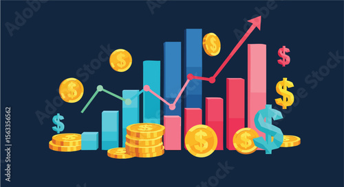 Dynamic Financial Progress Graph With Rising Bar Chart And Floating Gold Dollar Coins