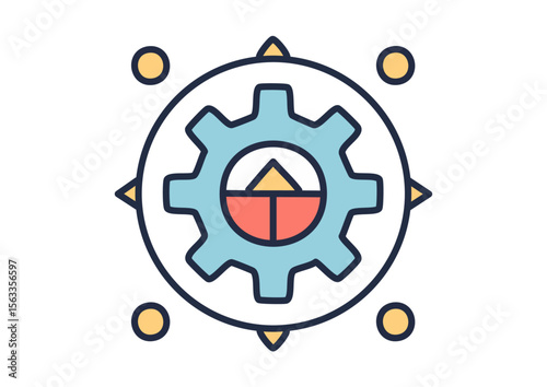 Business process icon featuring gear, central focus point, and digital network connections vector