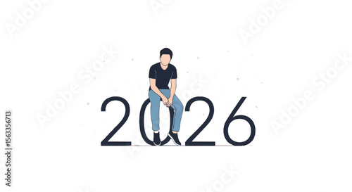 Contemplative Young Man Sitting On The Year 2026, Symbolizing Future Planning And New Beginnings