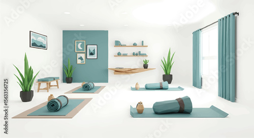 Modern Low Poly Yoga Studio Interior with Minimalist Design, Teal Walls, and Wellness Equipment