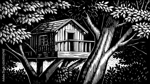 treehouse built among leafy branches, ideal for family designs, storybooks or outdoor adventures a black and white line art illustration