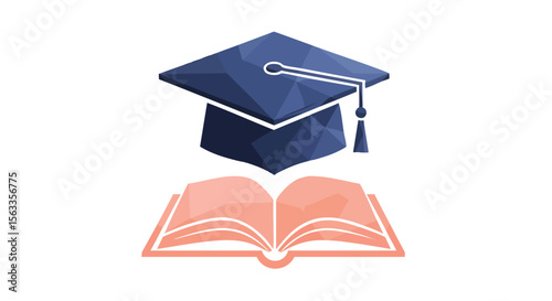 Abstract Polygonal Graduation Cap Over an Open Orange Book on White Background