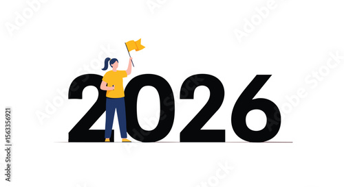 Optimistic Woman Holding a Goal Flag Next to Bold 2026 Numerals, Symbolizing Future Aspirations