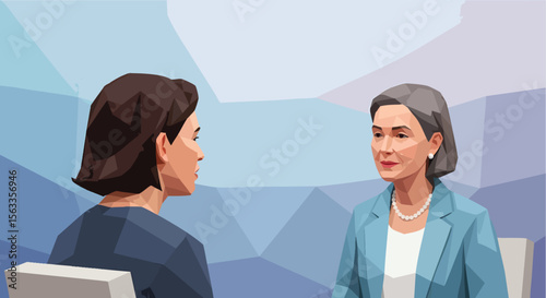 Senior Mentor and Younger Professional Discuss Business Strategy in a Modern Geometric Background