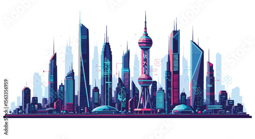 Vibrant Futuristic Shanghai Cityscape Vector Illustration with Modern Skyscrapers and Bright Digital Hues