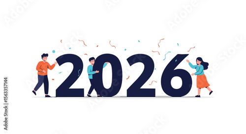 Cheerful People Embracing the New Year 2026 with Large Numbers and Festive Confetti