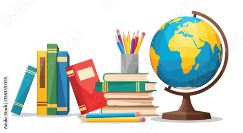 Bright Cartoon Illustration of Academic Learning Tools Including Books, a Globe, and Pencils