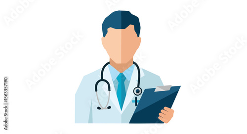 Healthcare Professional in Lab Coat with Stethoscope Holding a Medical Chart Flat Illustration