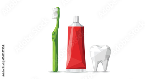 Essential Dental Hygiene Tools: A Green Toothbrush, Red Toothpaste Tube, And Healthy White Tooth