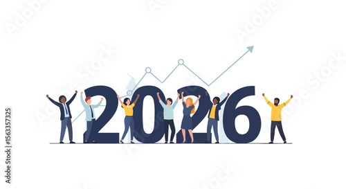 Diverse Business Team Celebrates New Year 2026 Success with Upward Growth Trend