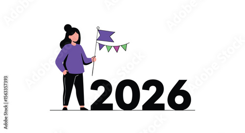 A Confident Woman Holds a Vibrant Festive Flag Symbolizing the New Year 2026