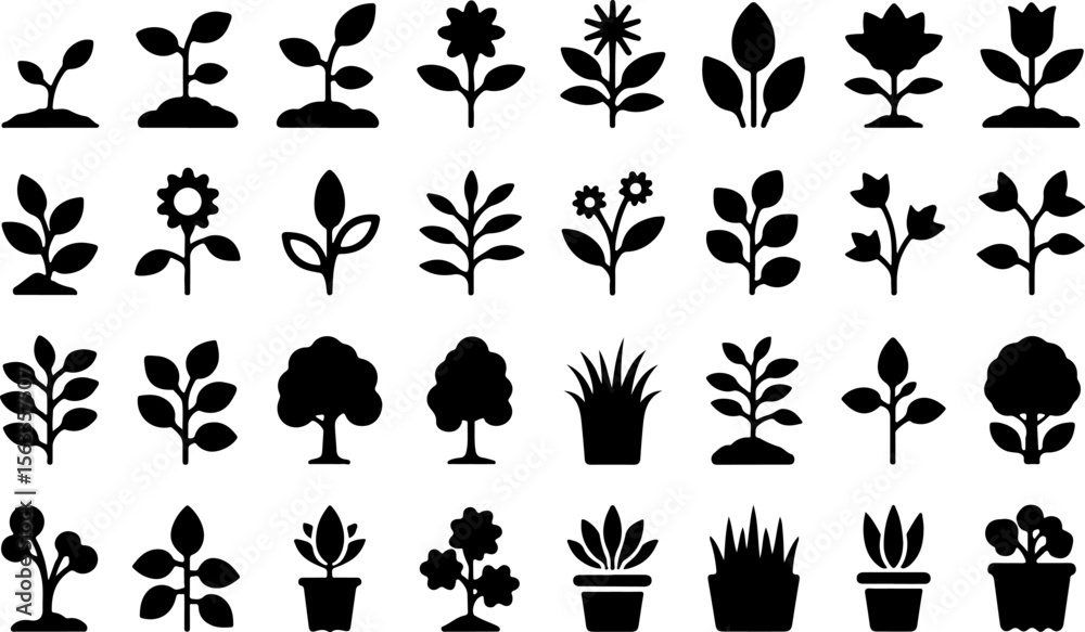 © graphicdesignar - Seedling sprout plant flower tree grass potted plant icons growth leaf