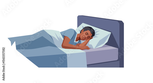 An Illustrated Man Sleeping Peacefully in a Comfortable Bed Under Soft Blue Covers