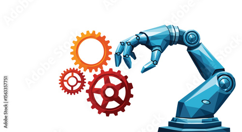 Blue Robotic Arm and Interlocking Gears Representing Modern Automation, Industry, and Digital Innovation