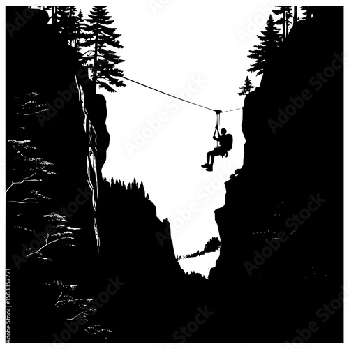 . Person zip lining between forest cliffs over a canyon, adventure travel silhouette