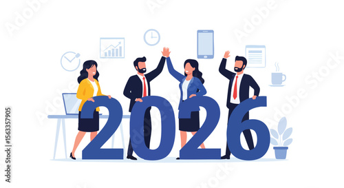 Business Team Celebrating Success and New Year Goals for 2026 with Collaborative High-Fives