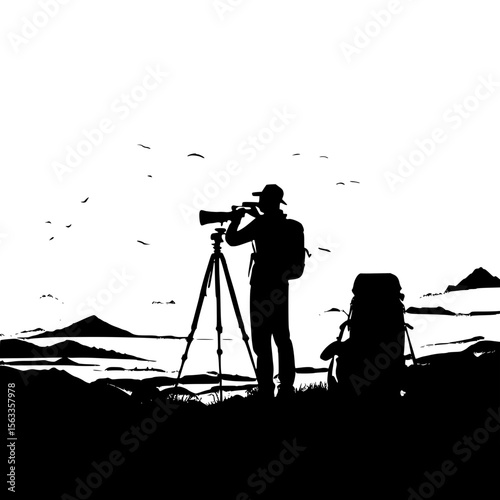 Traveler taking photo of sunrise from a hilltop, with backpack and tripod, vector style