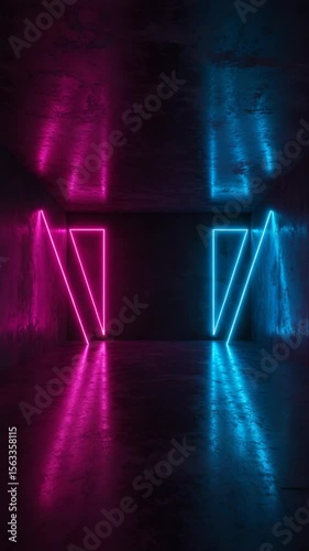 Neon blue and pink lights creating geometric patterns in dark space