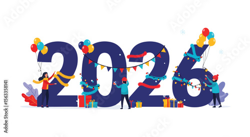 Festive Characters Decorating Giant 2026 Numerals with Colorful Lights and Party Accessories