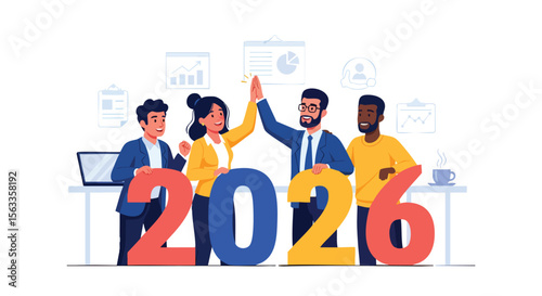 Diverse Business Team Celebrating Success and Future Goals for the Year 2026 with High-Five