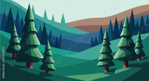 Vibrant Flat Design Vector Illustration of a Coniferous Forest Landscape with Rolling Hills