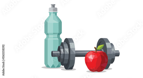 Polygonal Health And Fitness Essentials: A Dumbbell, Water Bottle, And Fresh Red Apple Display
