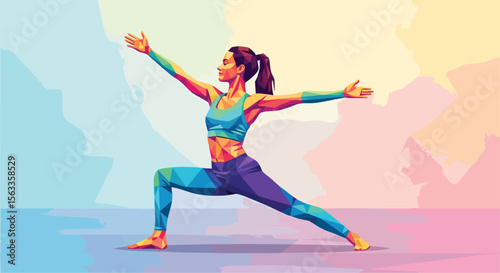 Vibrant Polygonal Illustration of a Woman Practicing Warrior II Yoga Pose for Wellness and Balance