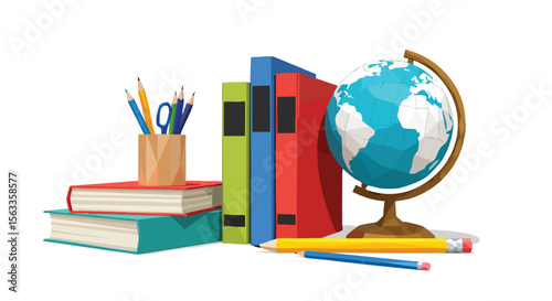 Vibrant Education Concept with Stacked Books, World Globe, Pencils, and School Supplies