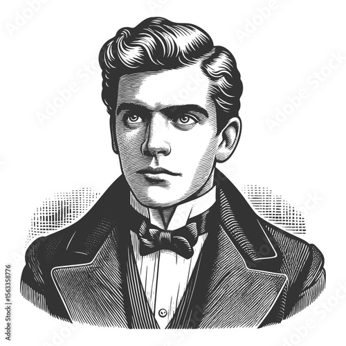 stern young man in formal Victorian attire, evoking 19th-century elegance and formality sketch engraving generative ai fictional character vector illustration. Scratch board. Black and white image.
