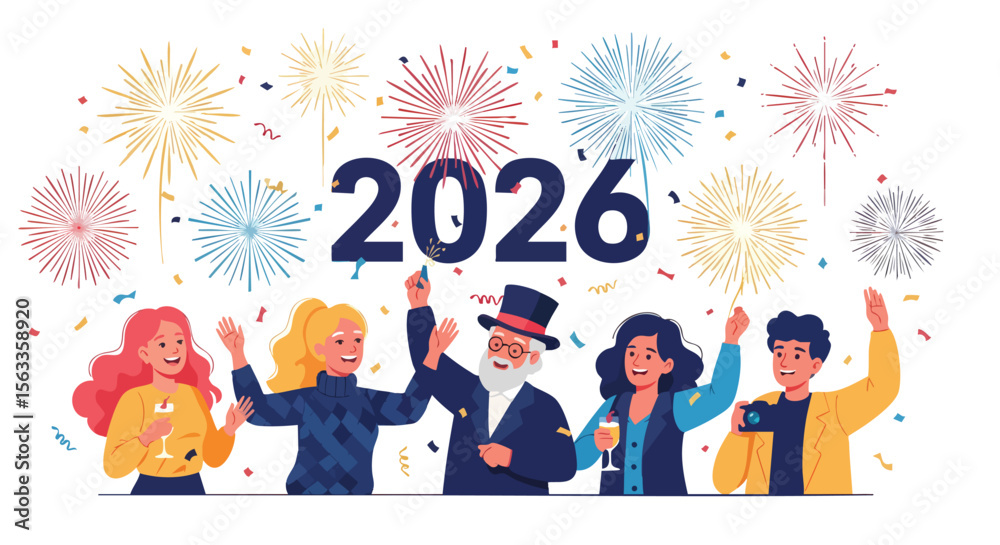 Fototapeta premium Excited People Gather to Celebrate New Year 2026 Under a Sky of Fireworks