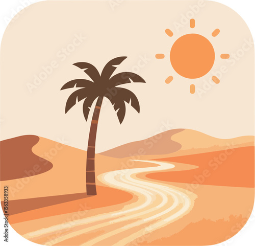 Minimalist Desert Oasis Vector Illustration with Palm Tree and Sun in Flat Style