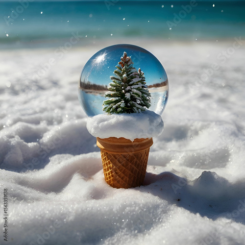 A snow globe rests on a sunny beach town or an ice cream cone balances atop fresh snow, playfully surreal contrast.