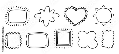 Set of black linear hand drawn frames isolated on a white background.  Modern abstract decor. Vector illustration.