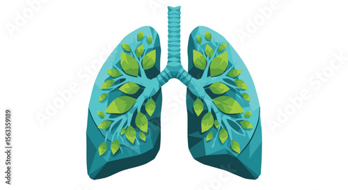 Vibrant Teal Lungs with Green Foliage Promoting Clean Air and Natural Breathing Wellness Concept