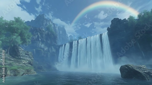 Majestic Waterfall Cascading Down Mountainside Under Rainbow
