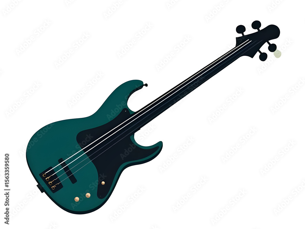 Obraz premium Teal and Black Electric Bass Guitar Vector Illustration Three Strings Gold Hardware Isolated on a transparent background