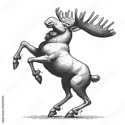 Rearing Moose sketch engraving generative ai fictional character vector illustration. Scratch board imitation. Black and white image.