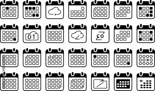 Calendar icons with various grid layouts and symbols squares circles