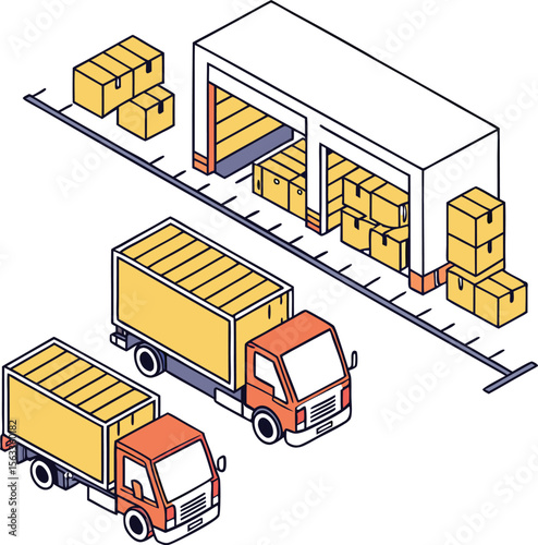 Isometric illustration of a warehouse with trucks and boxes representing logistics and delivery services