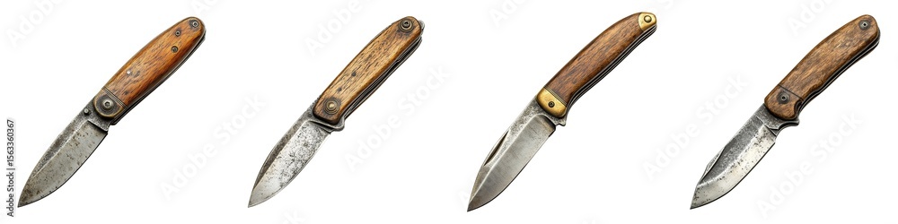 Obraz premium Set of Antique Folding Pocket Knives with Wooden Handles and Aged Blades Isolated on Transparent Background