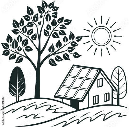 Stylized illustration of a house with solar panels on the roof under a bright sun with trees and rolling hills