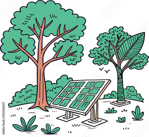Stylized illustration of a solar panel in a natural setting with lush green trees and foliage