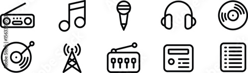 Set of Minimalistic Music Icons including Radio, Headphones, Microphone, and Vinyl