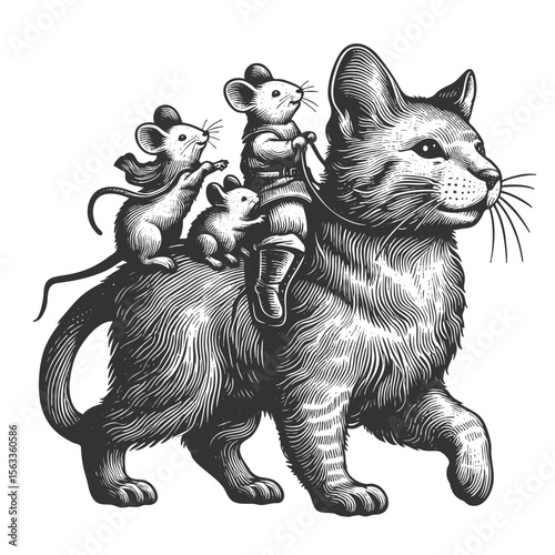 mouse riding a galloping cat like a horse sketch engraving generative ai fictional character vector illustration. Scratch board imitation. Black and white image.