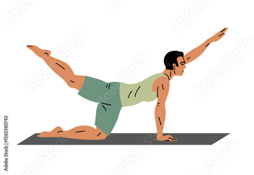 Young sporty man doing fitness. Pilates, yoga and stretching. Guy doing gymnastic exercise. Body and health care. Sports physical activity. Vector illustration isolated on white
