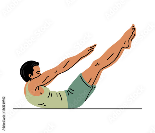 Young sporty man doing fitness. Pilates, yoga and stretching. Guy doing gymnastic exercise. Body and health care. Sports physical activity. Vector illustration isolated on white