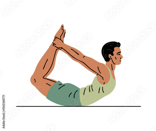 Young sporty man doing fitness. Pilates, yoga and stretching. Guy doing gymnastic exercise. Body and health care. Sports physical activity. Vector illustration isolated on white
