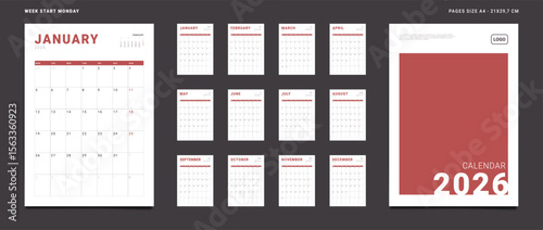 2026 Calendar Planner Set of Template Monthly Page and cover with Place for Photo, Company Logo. Vector layout grid vertical of a wall or desk organizer with week start Monday for print. Pages size A4